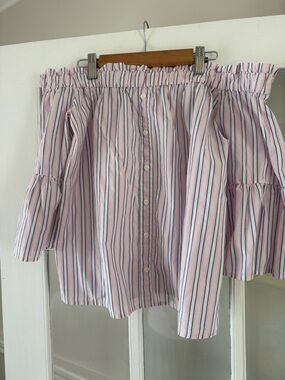 Abercrombie & Fitch Pink and Navy Striped Off-Shoulder Shirt